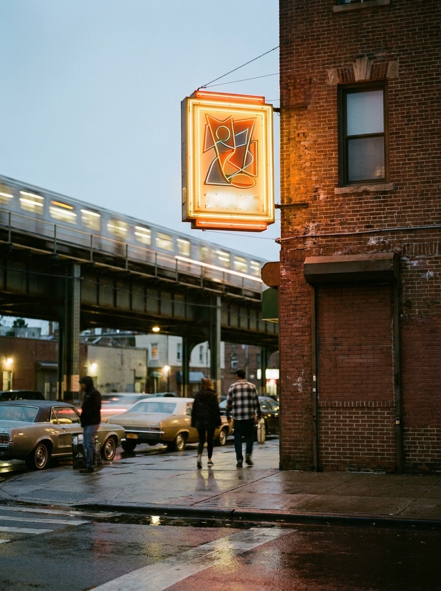 A 7 train crossing the elevated tracks at dusk behind a glowing neon diner sign on a brick corner in Woodside