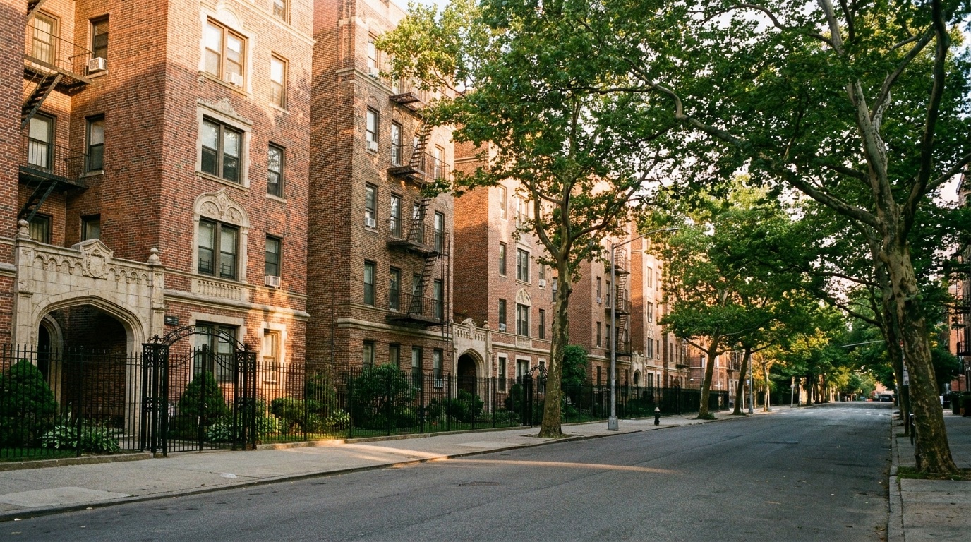 Pre-war brick co-op buildings and mature street trees on a quiet Jackson Heights block at golden hour