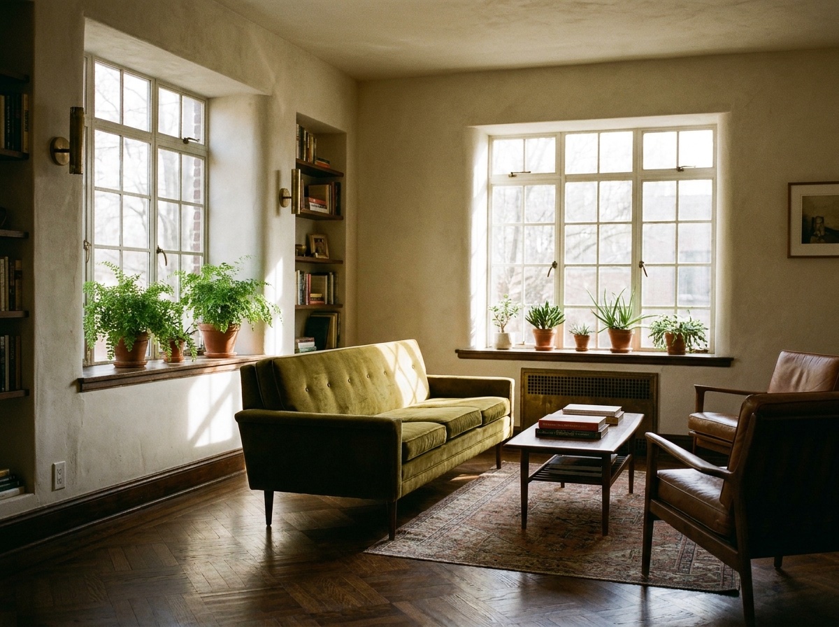 Sunlit pre-war living room with casement windows, parquet floors, an olive velvet sofa and potted ferns