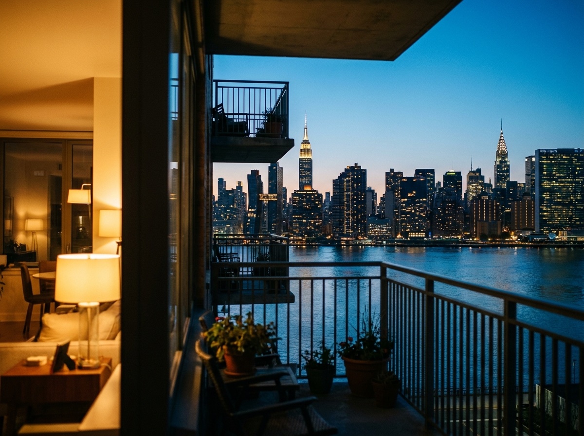 Midtown Manhattan skyline at dusk seen from a warm, lamp-lit Long Island City balcony